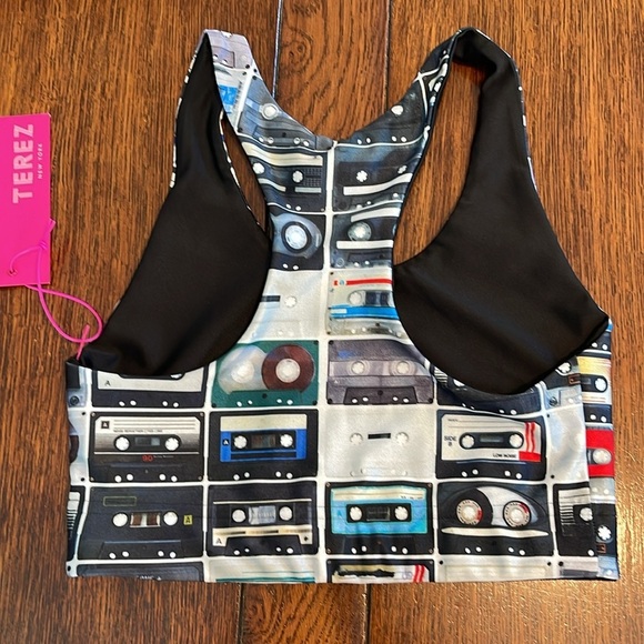 Terez Mix Tapes Cassette Hi Shine Sports Bra Tank Top XS 80s Retro Racerback - Picture 2 of 6